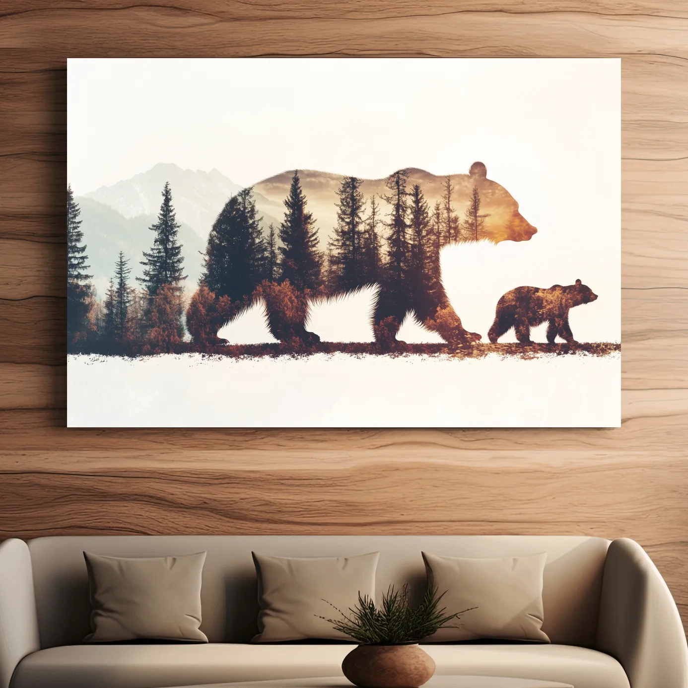 Double exposure forest wall art, momma bear and her cub