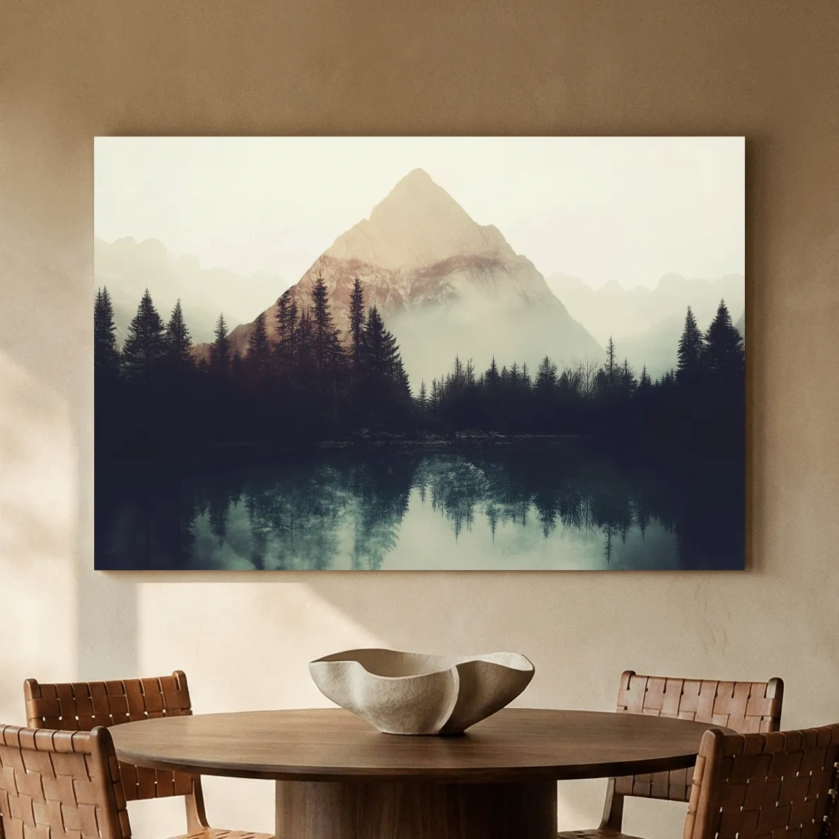 Misty Pine Forest Silhouette Lake Reflection - Moody Mountain Wall Art