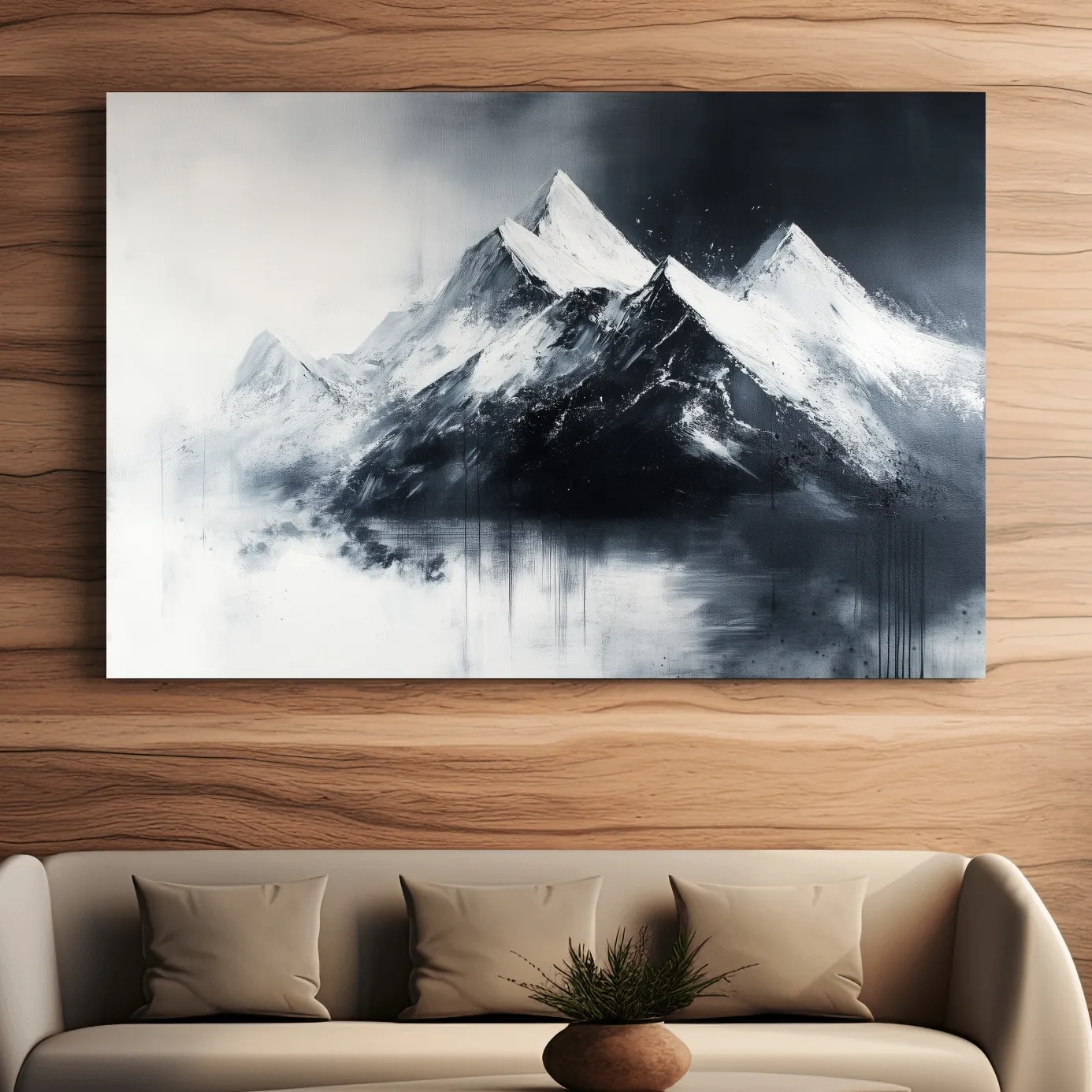 Modern wall art mountain painting, black and white glacier