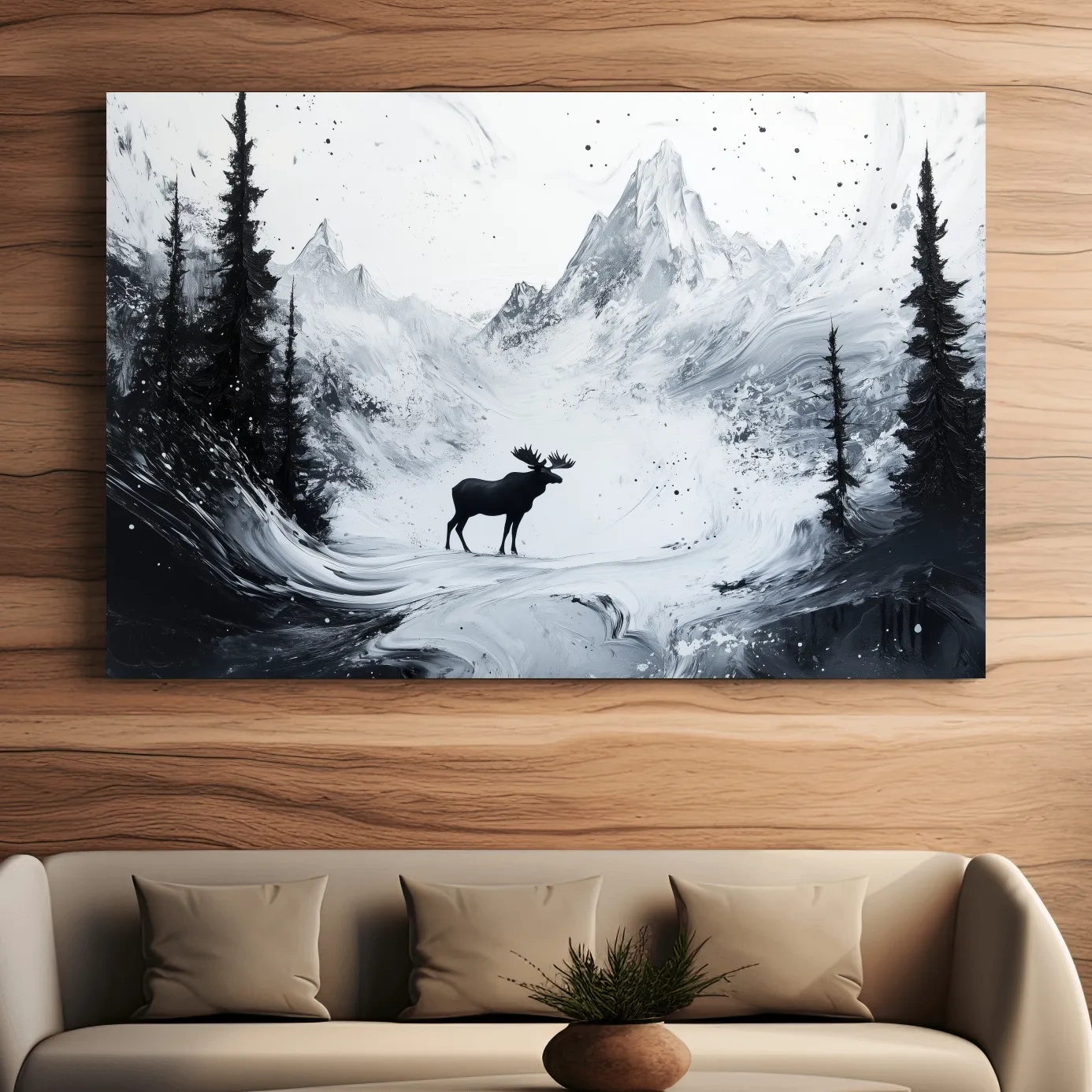 Moody Monochrome Moose Alpine Meadows - Abstract Ink Wash Wildlife Wall Art