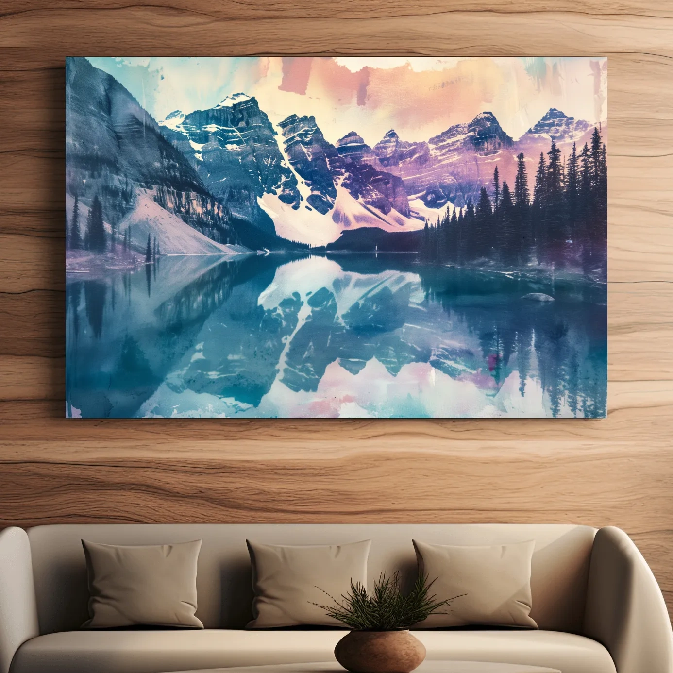 Valley of the Ten Peaks, Moraine Lake Banff. Watercolour painting postcard style mountain artwork