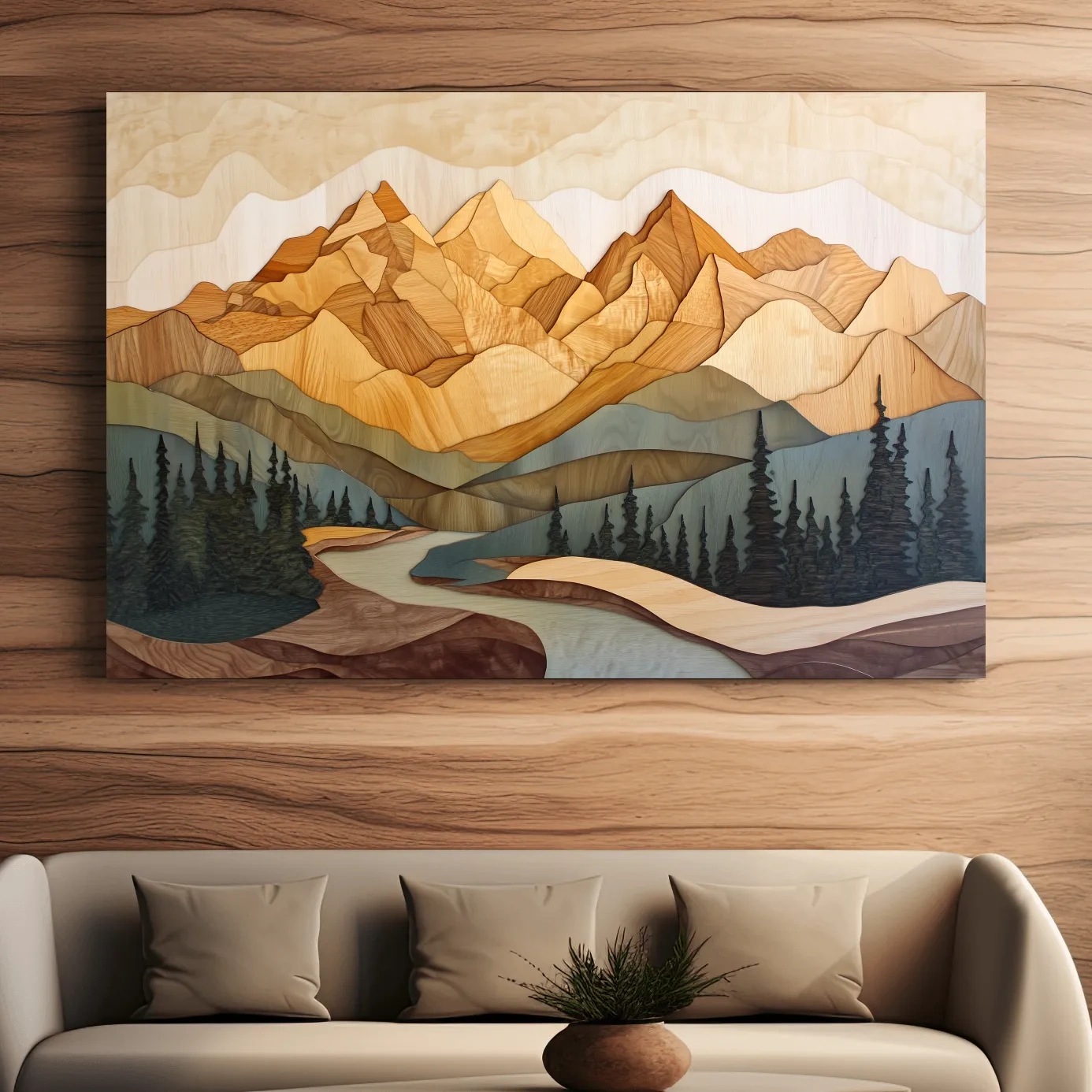 Alpine forest mountain artwork, 3d layered wood intarsia style art