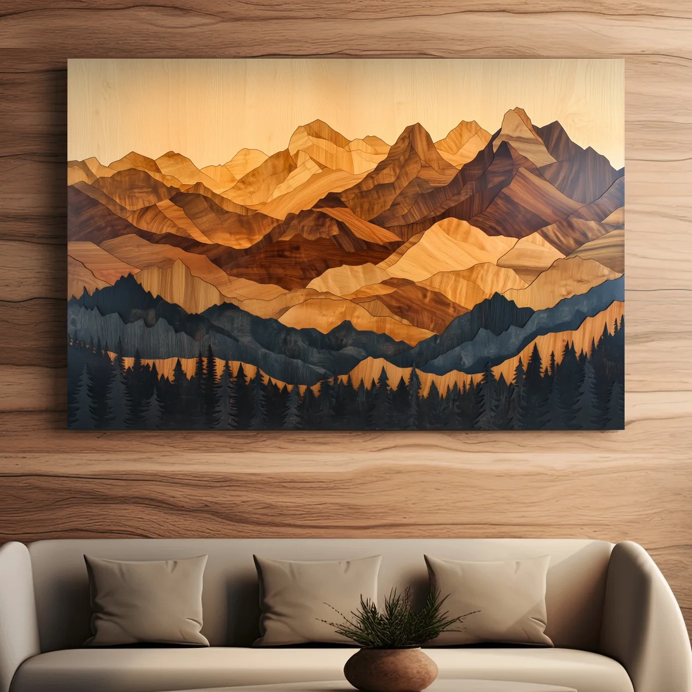 Mountain and forest wall art, 3d wood intarsia style layered wood effect