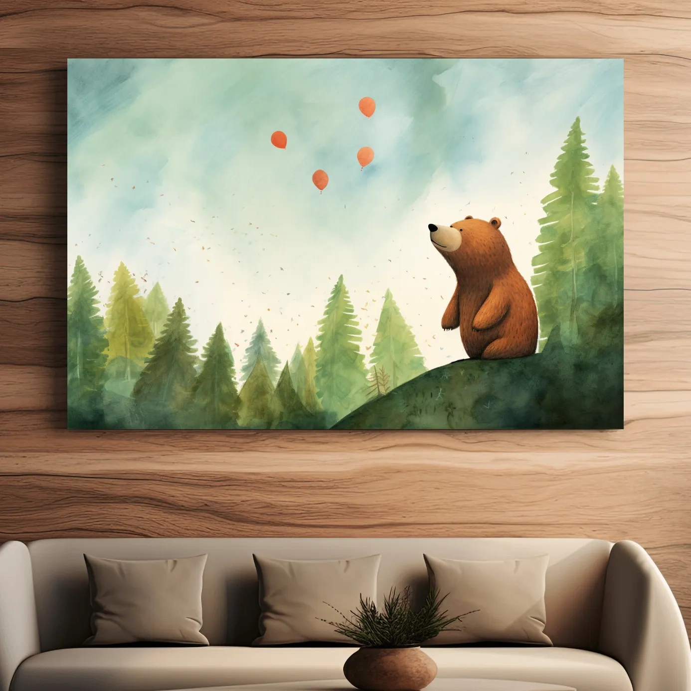 Illustration of a cute happy bear gazing into the sky, nursery wall art