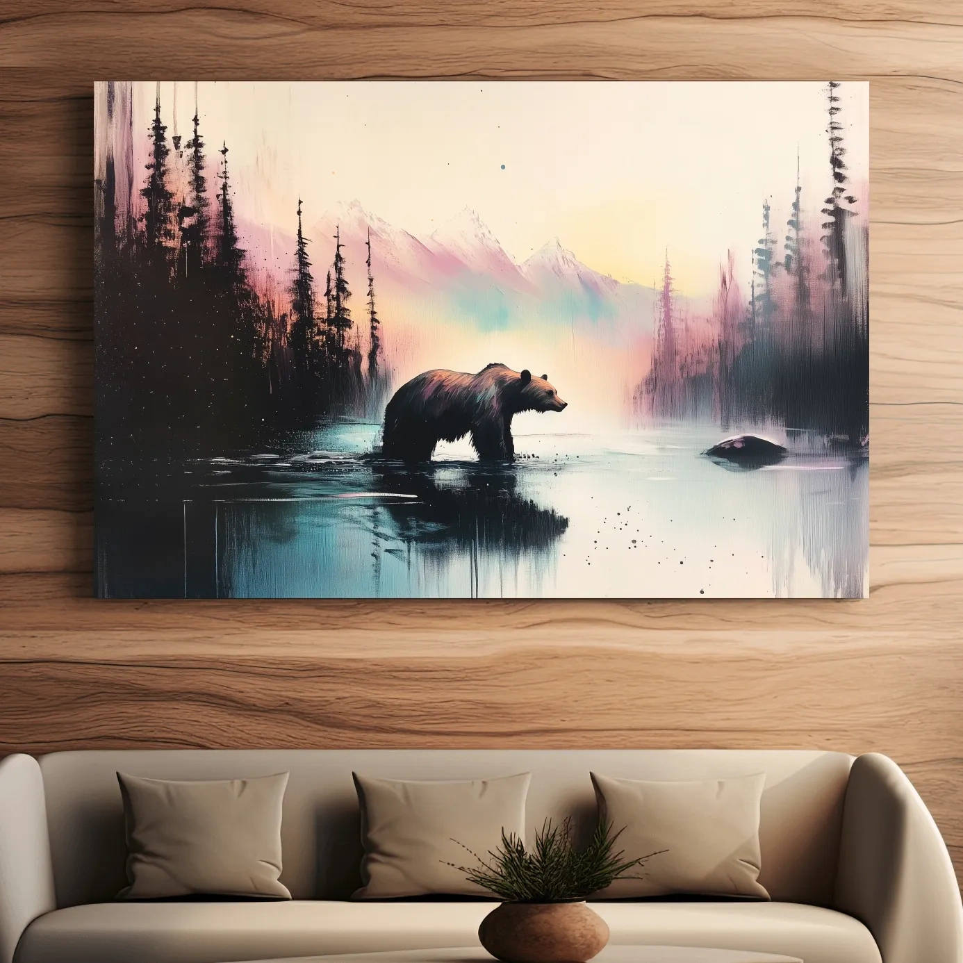 Vibrant textured wallart painting, a grizzly bear in a river