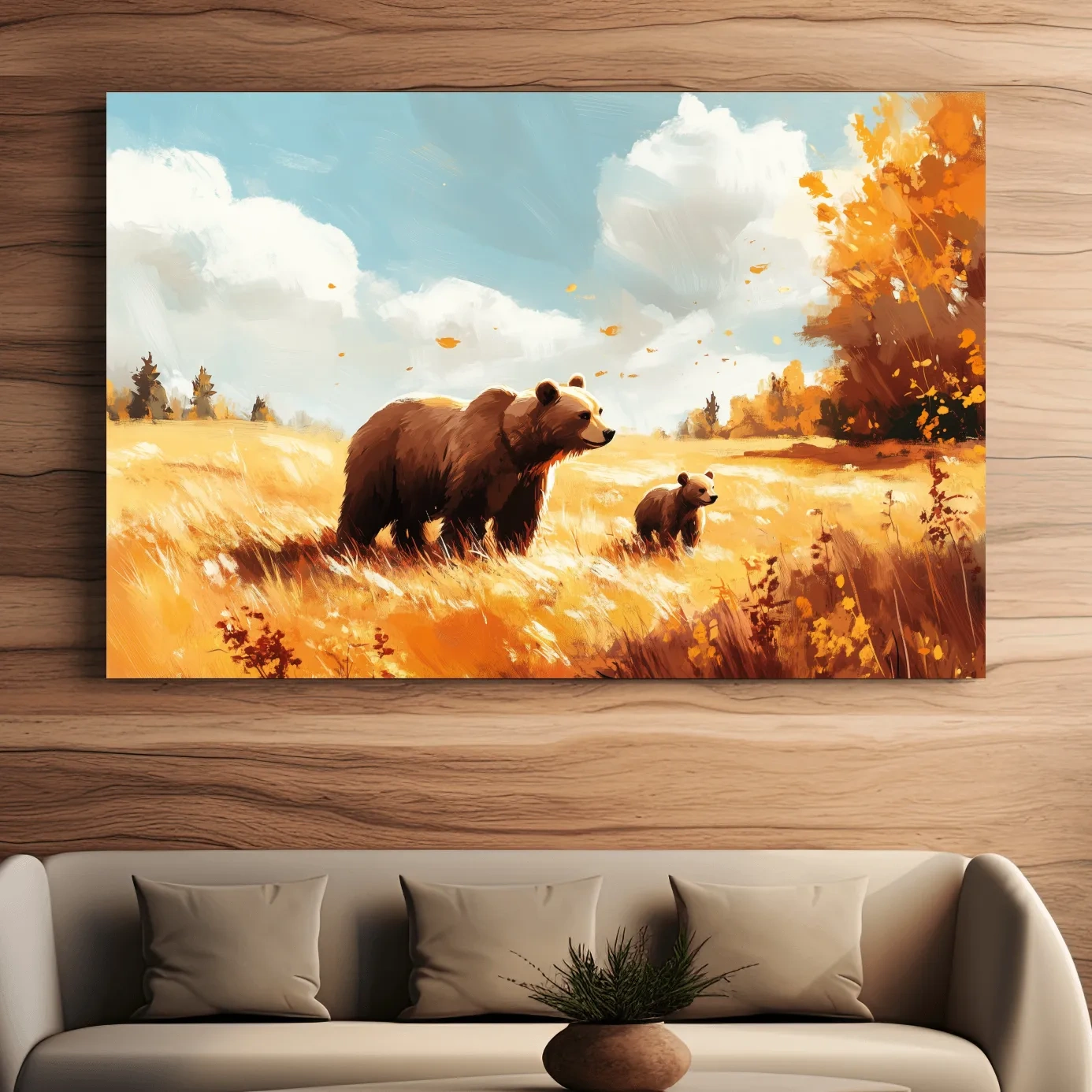 Autumn wildlife wall art, mother bear and cub in a golden meadow, painterly and impressionism style