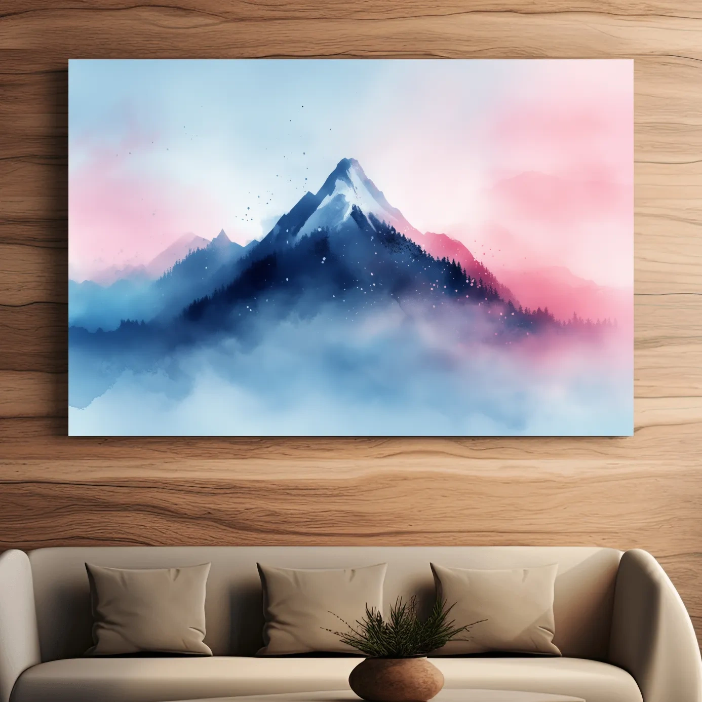 Dreamy mountain painting artwork, glacial peaks above the clouds in pastel hues
