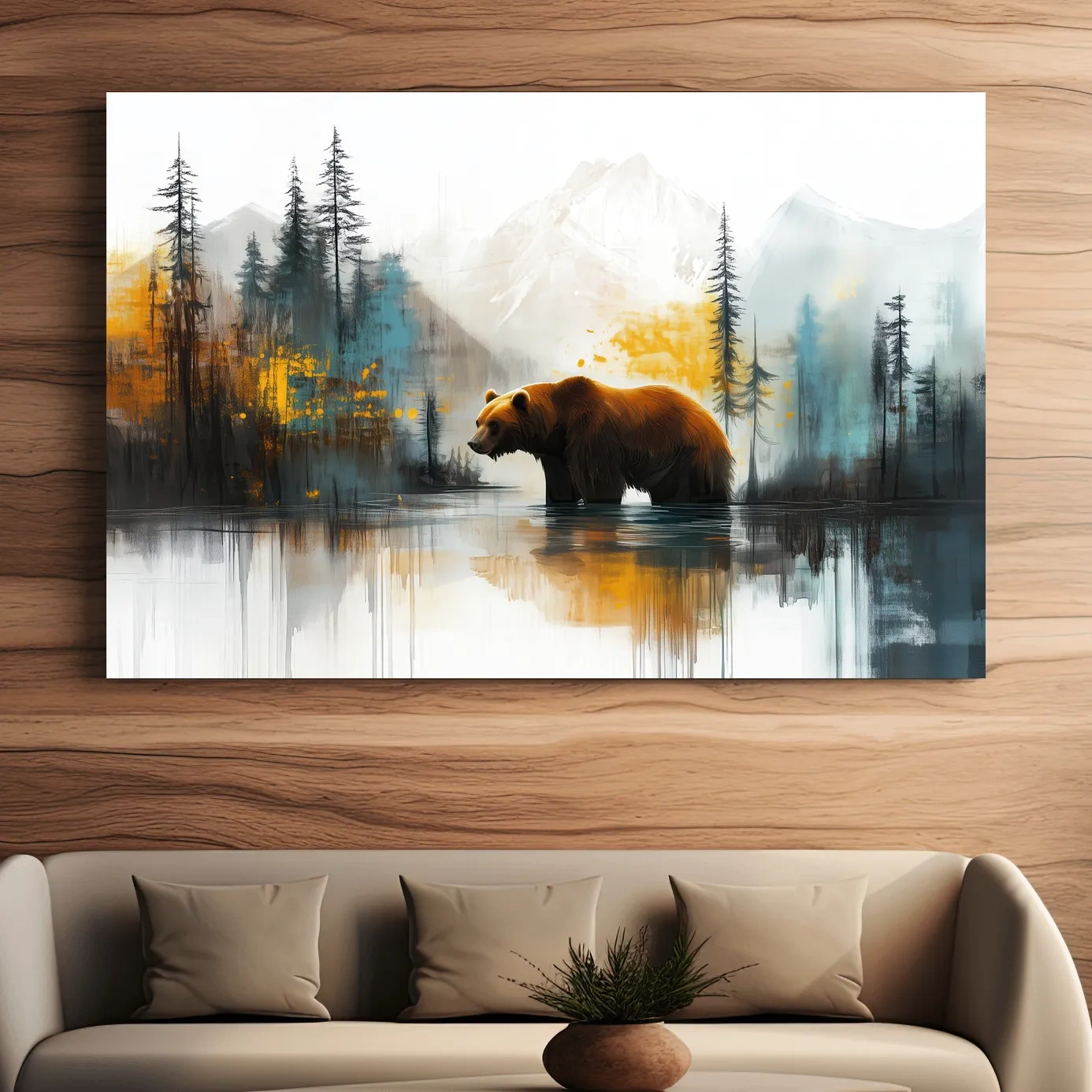 Grizzly bear textured wall art, colorful abstract painting artwork