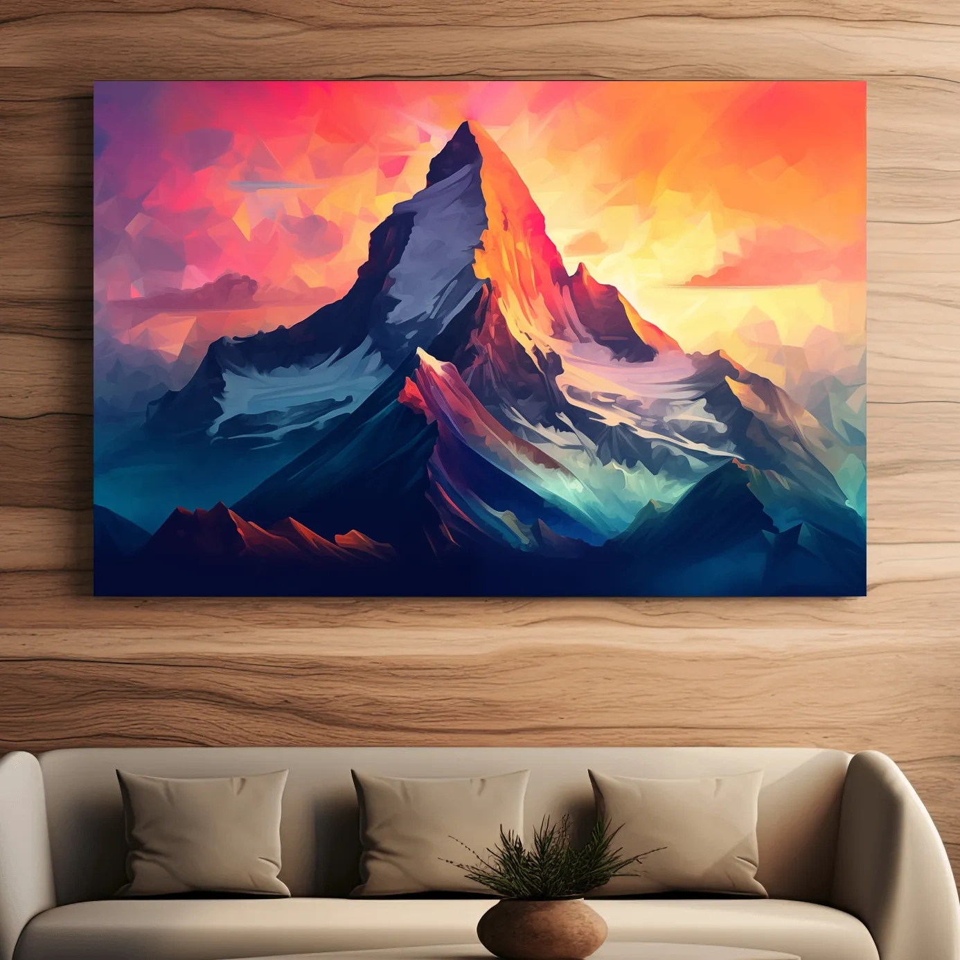 Vibrant Geometric Alpine Peak Sunrise - Modern Abstract Mountain Wall Art