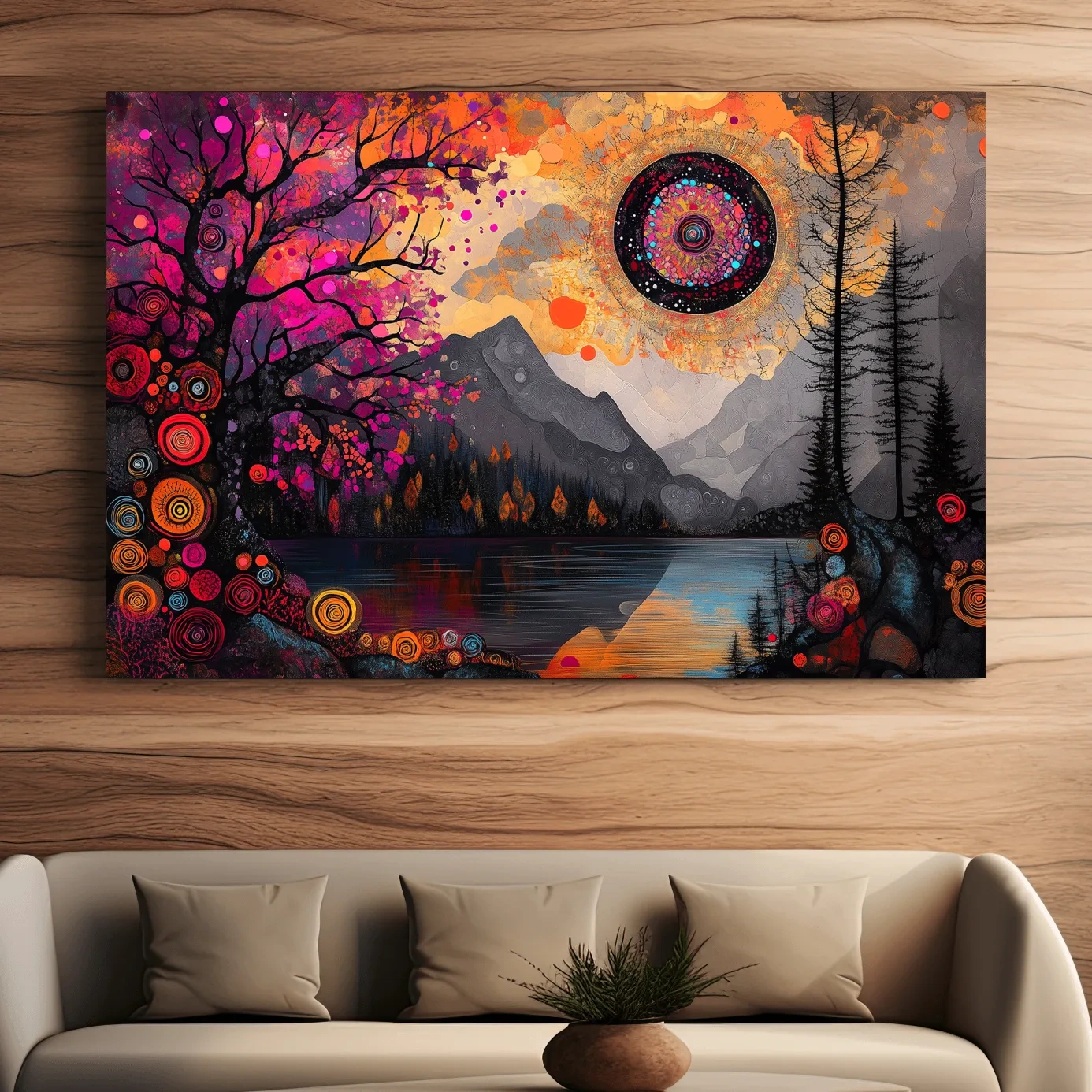 Trippy and surreal abstract mountain landscape at sunset, intricate textured patterns, vibrant colors, cosmic style