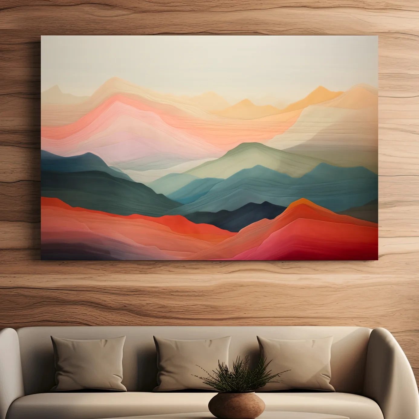 Dreamy pastel mountain landscape artwork, layered gradient painting effect