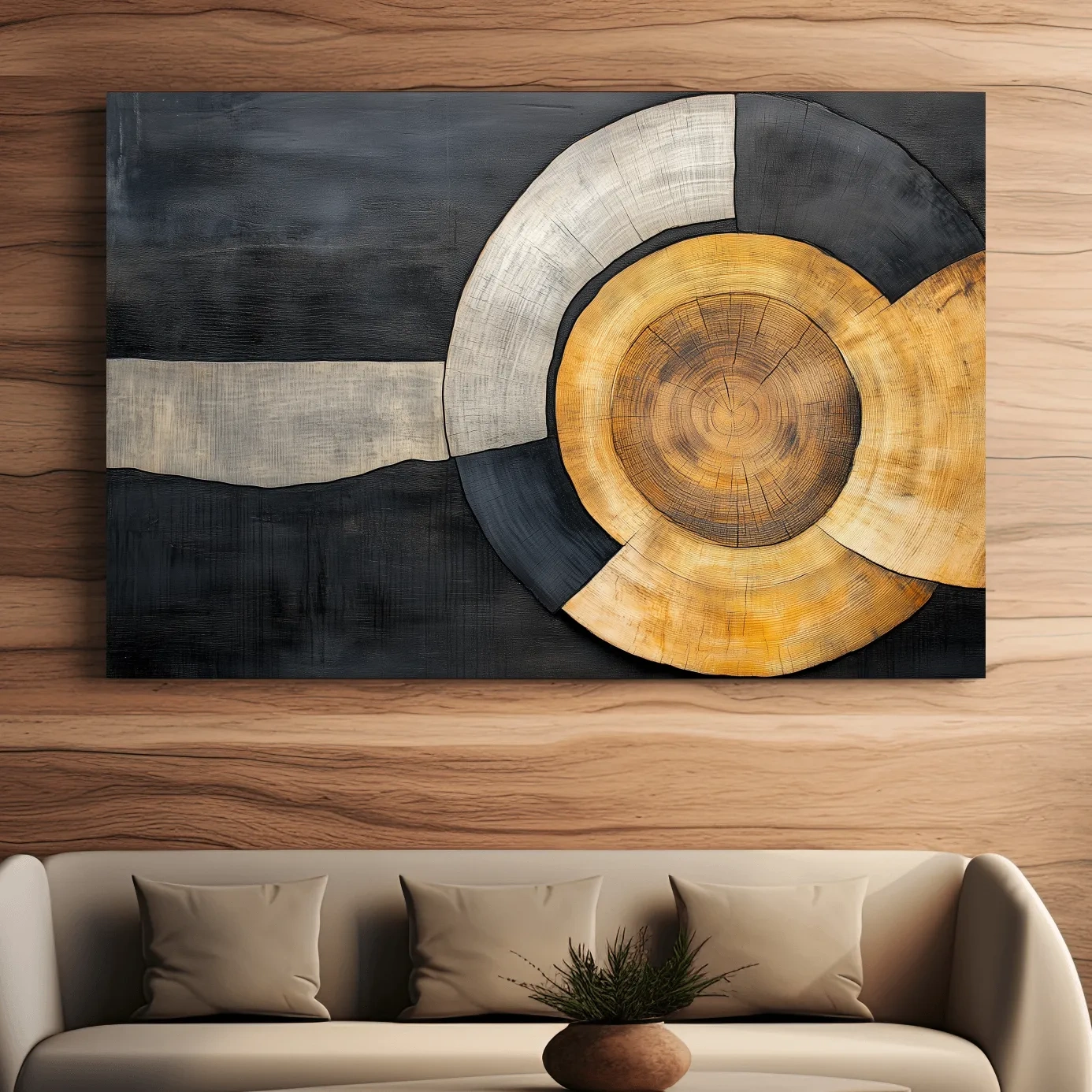 Wood grain cut log modern wall art, circular concentric design with earthy tones