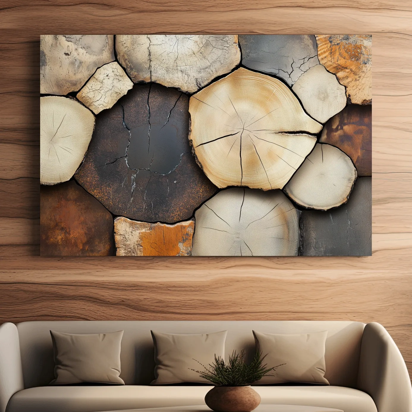 Rustic cut wooden log wall artwork, cracked texture effect canvas art