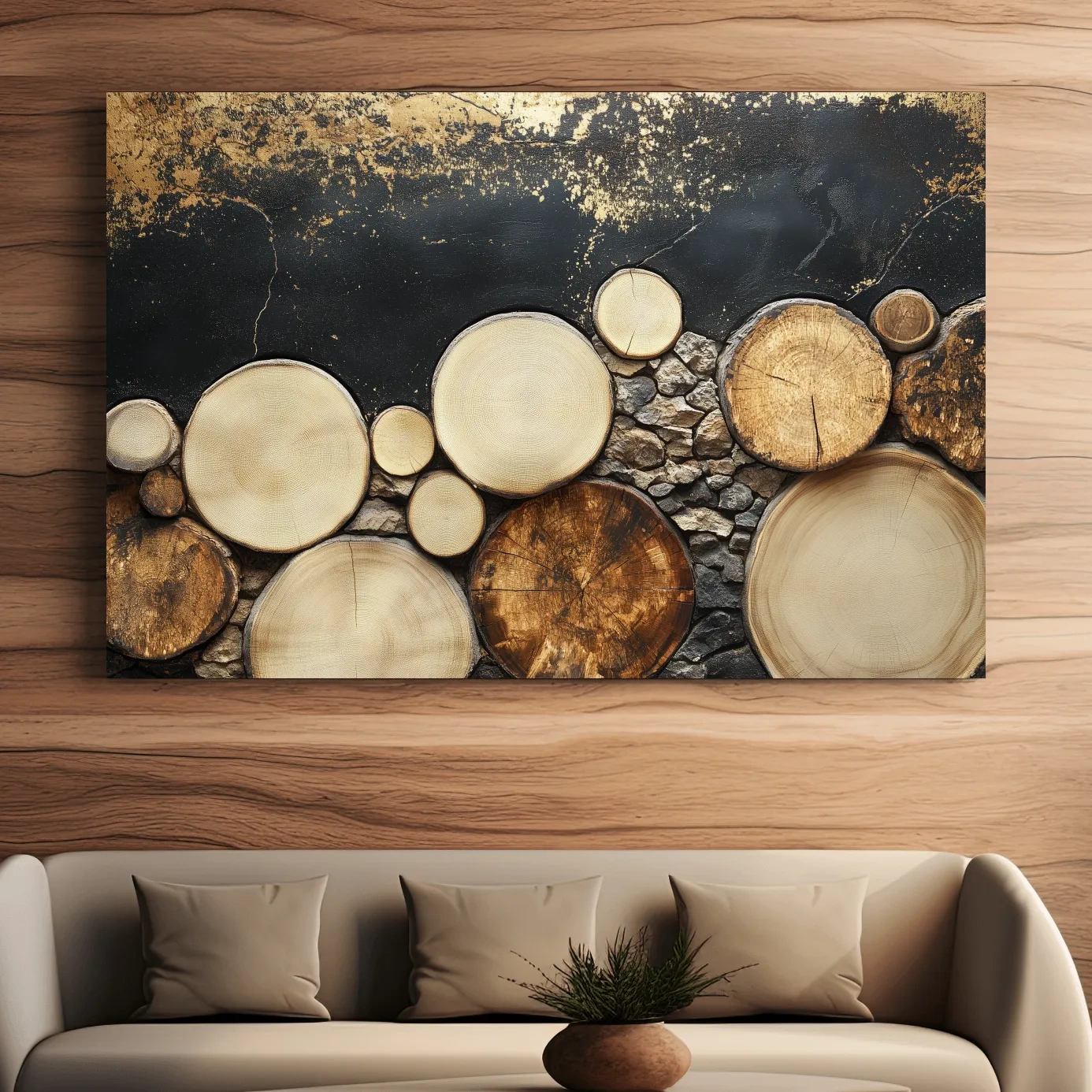Rustic wood and stone wall art, textured effect natural elements artwork