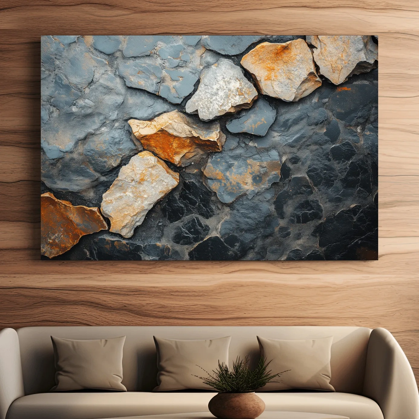 Modern rustic cracked stone and rock face texture artwork, natural elements wall art