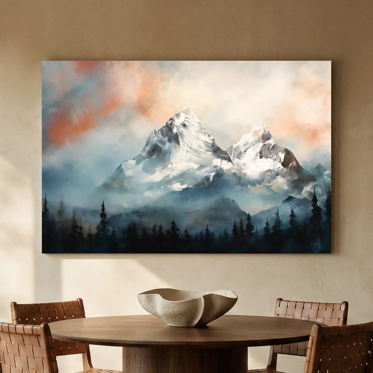 Misty Snowcapped Mountain Peaks Painting - Alpine Sunset Wall Art