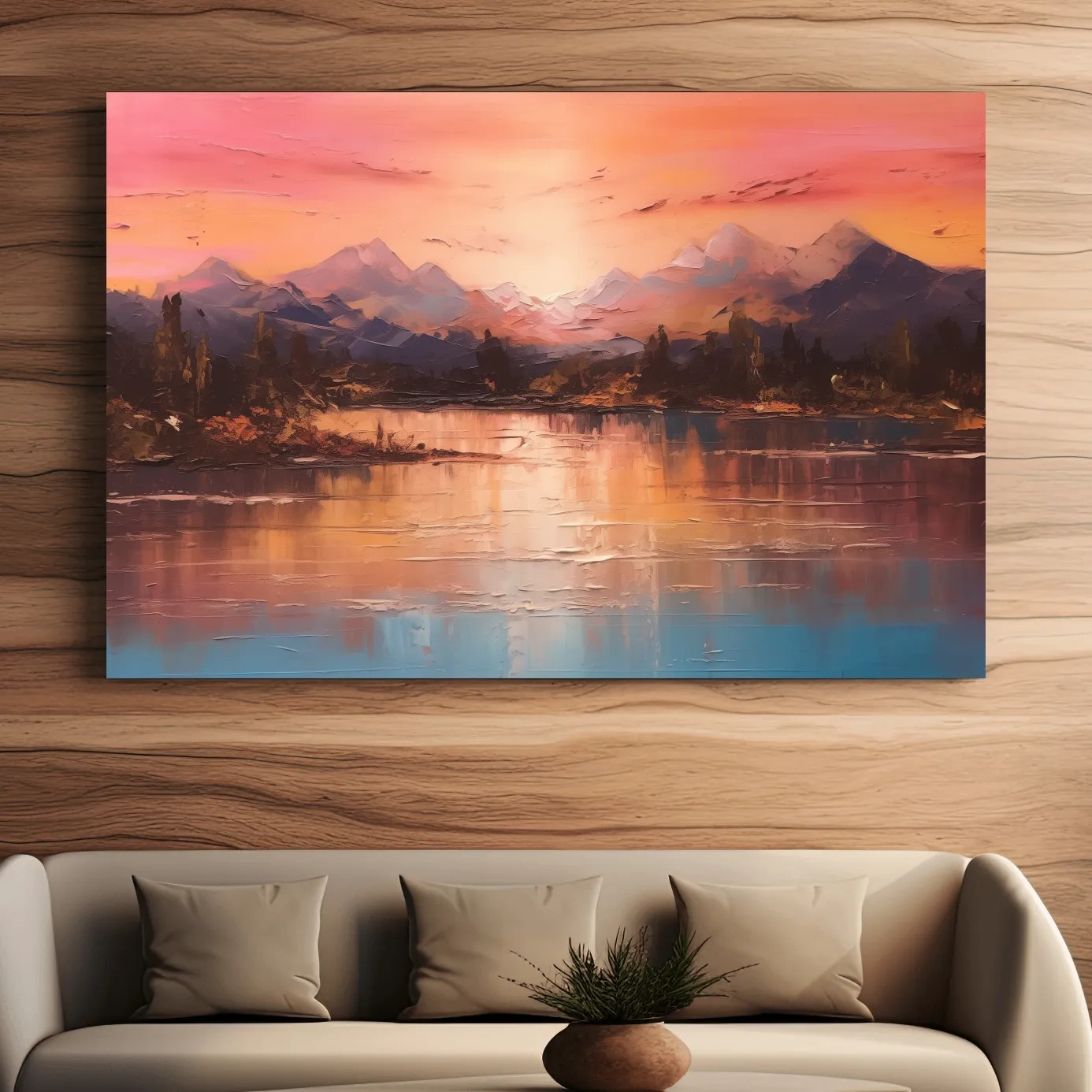 Sunset mountain lakeside painting, textured effect oil painting wall art print