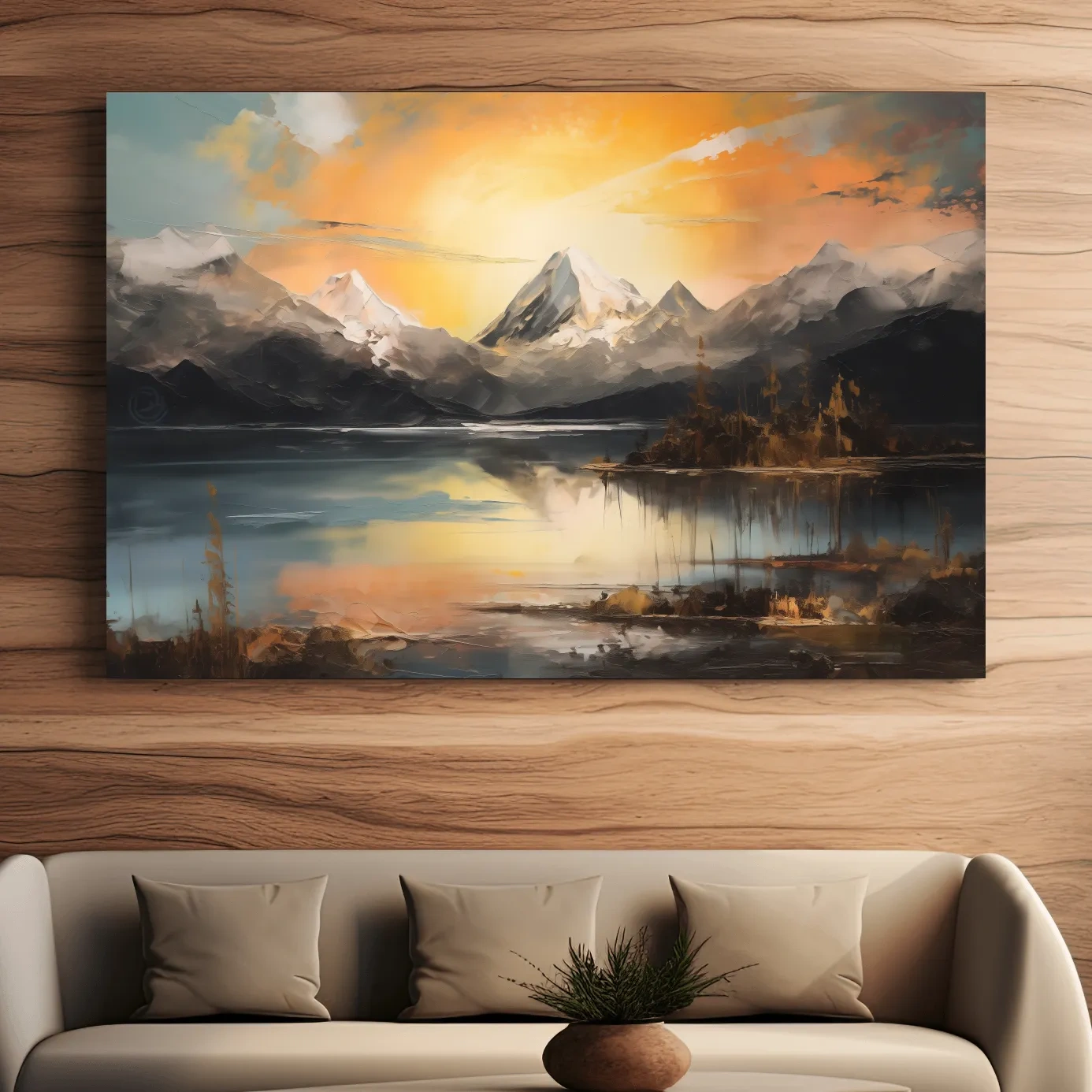 Alpine mountain sunrise over a tranquil lake, dramatic oil painting wall art