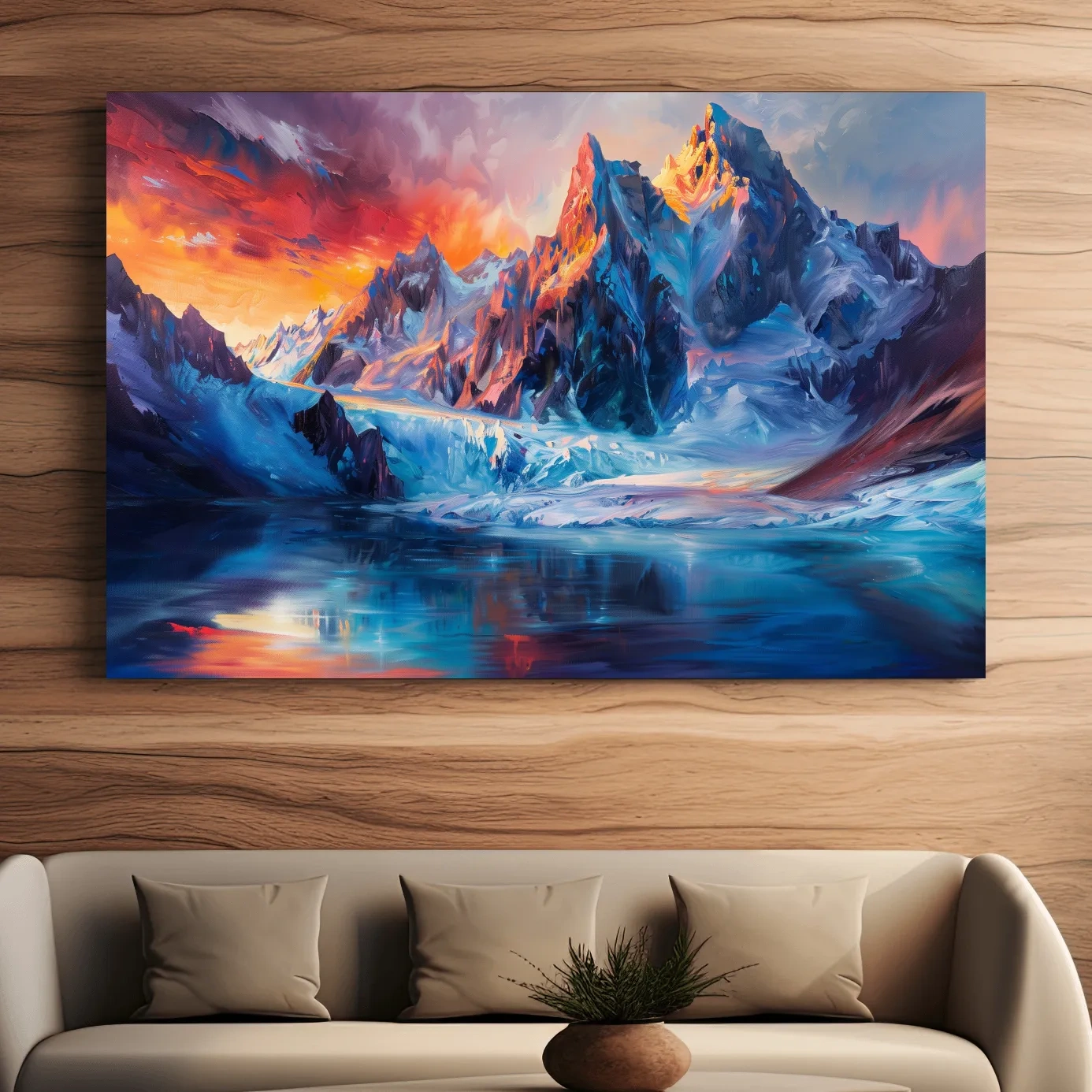 Abstract painting of an alpine glacier lake at sunset, mountain wall art