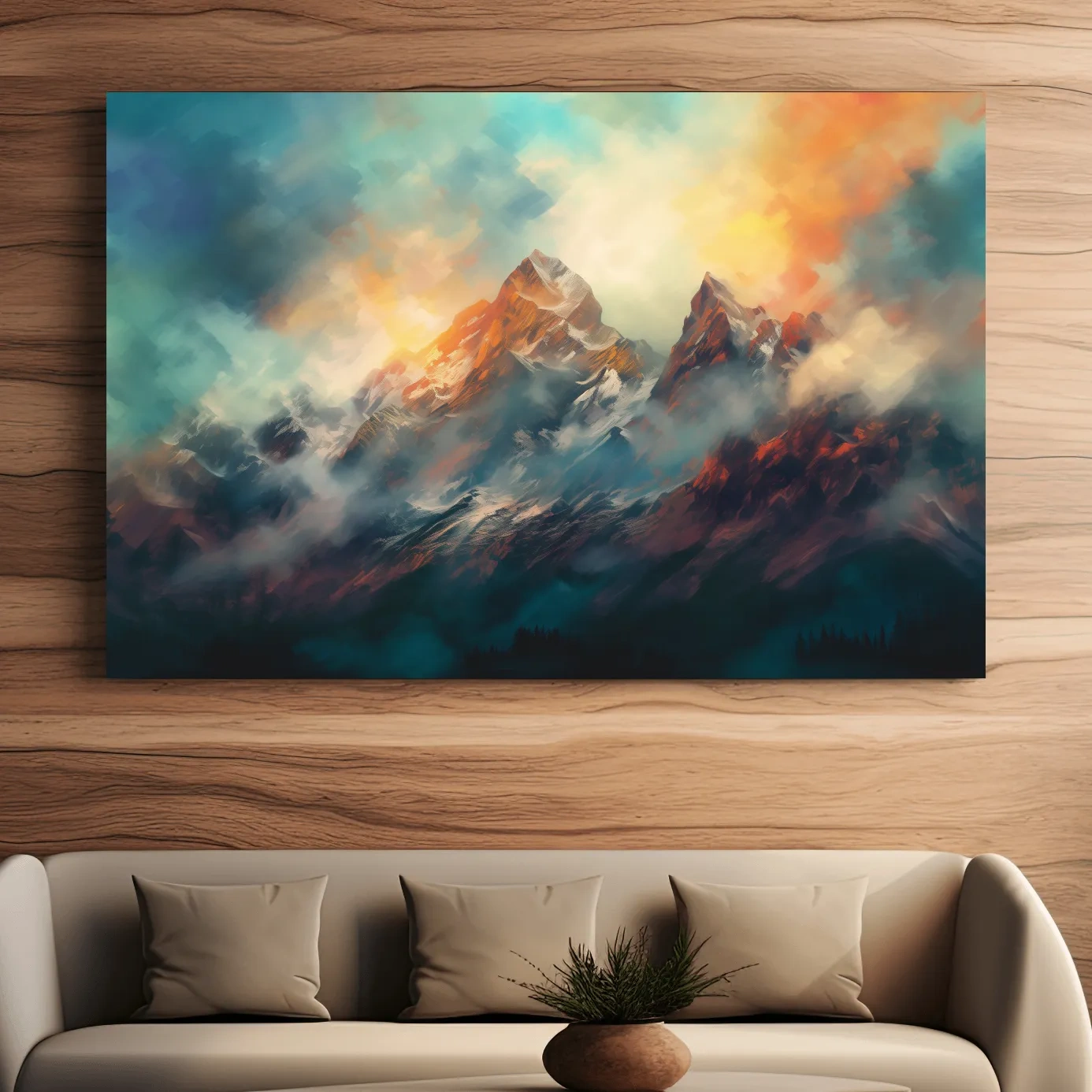 Colorful mountain sunrise artwork, peaks in the mist