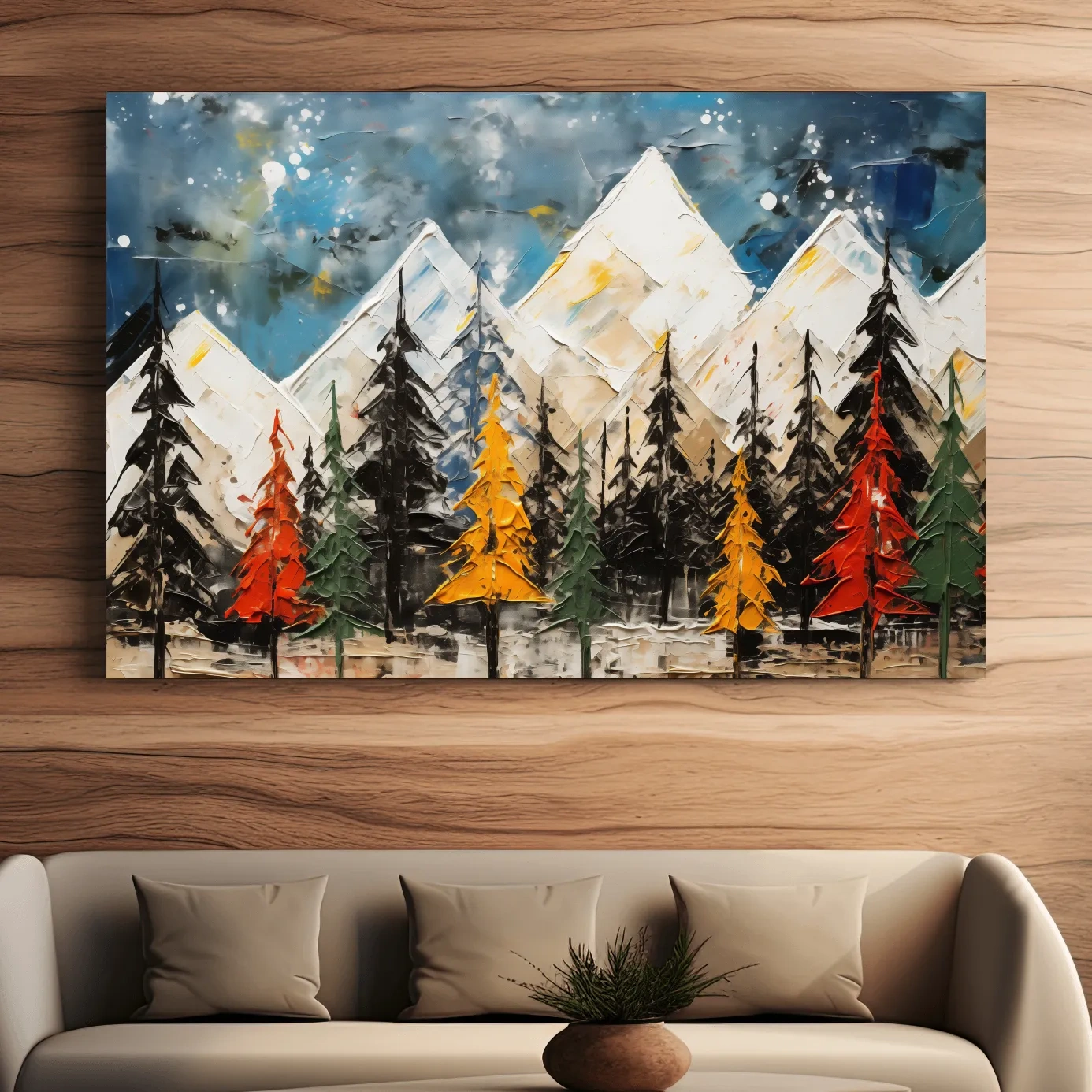 Thick abstract oil painting print, treeline by the mountains