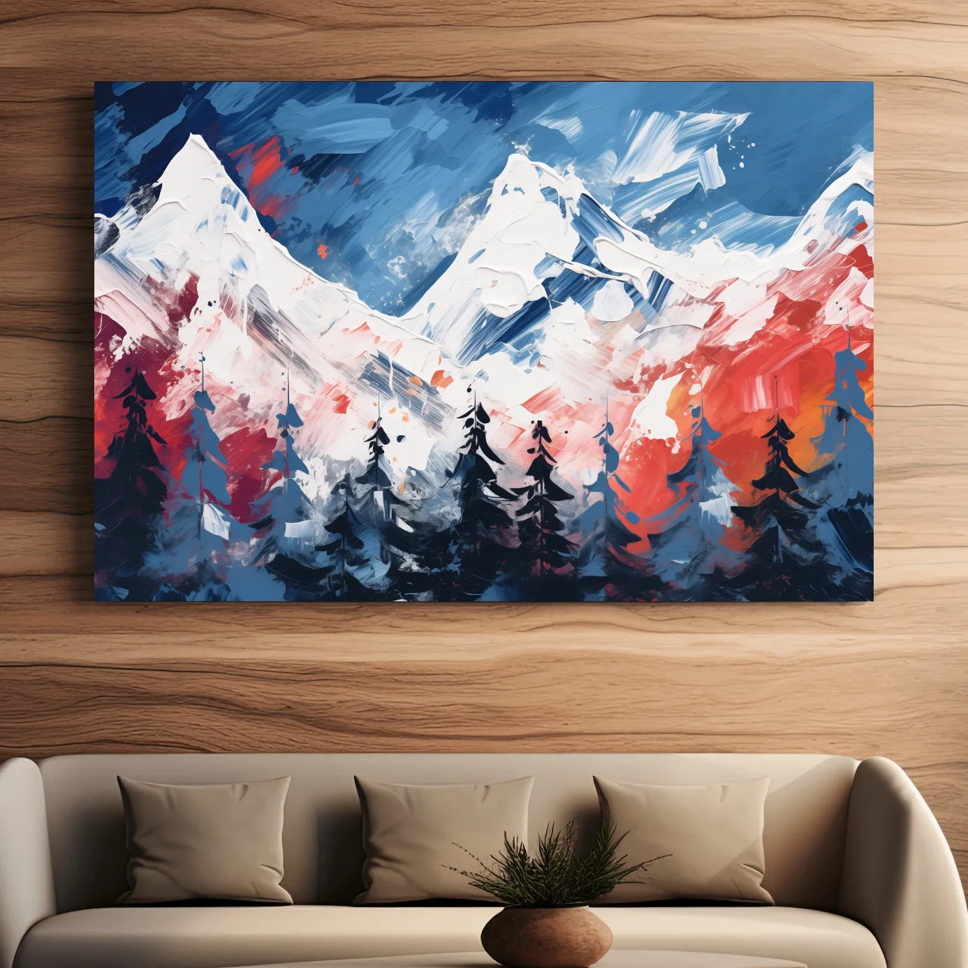 Bold rustic abstract mountain artwork, vibrant brushstroke painting of snowy peaks and forest