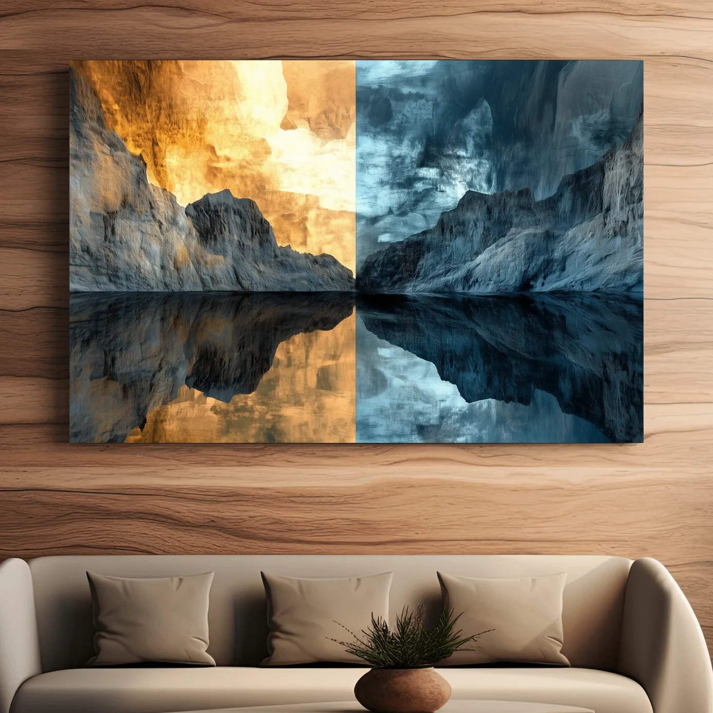 Dual tone mountain landscape artwork, fiery sunset and cool twilight reflection