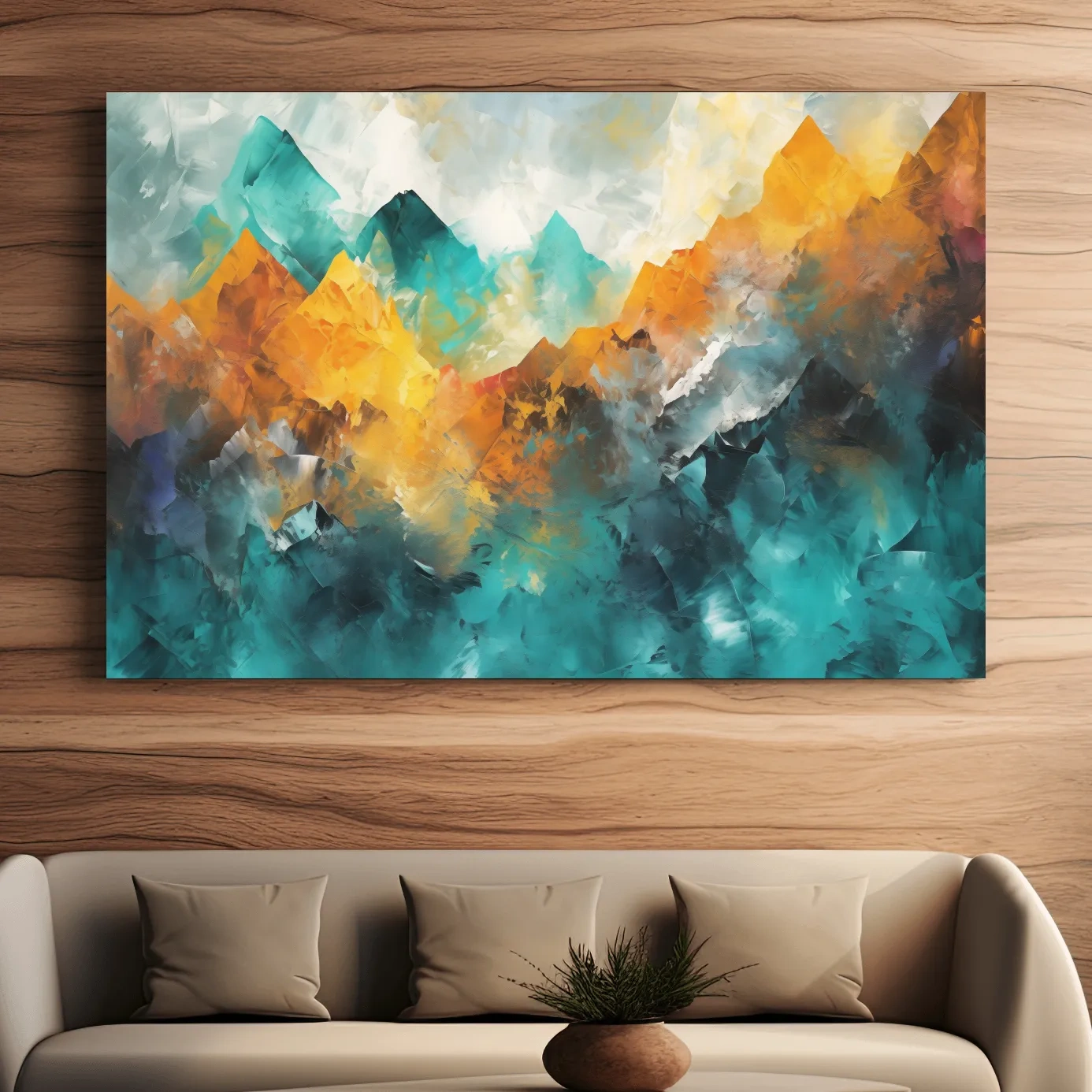 Abstract mountain painting, vibrant colorful wall art
