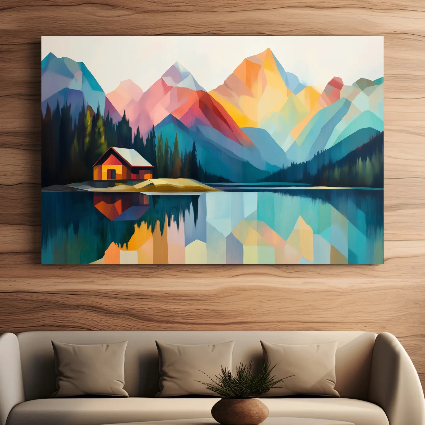 Vibrant Geometric Mountain Lake Cabin - Modern Abstract Landscape Wall Art
