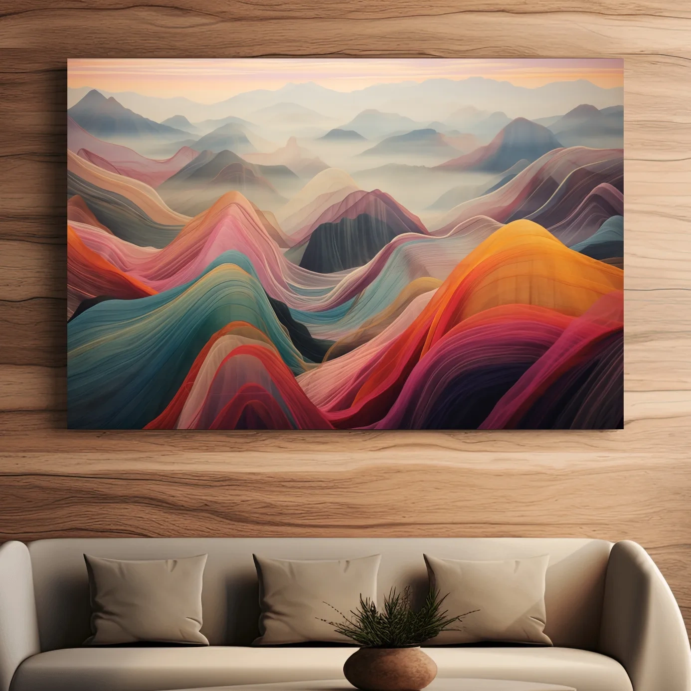 Colorful abstract mountain wall art, layered flowing waves effect