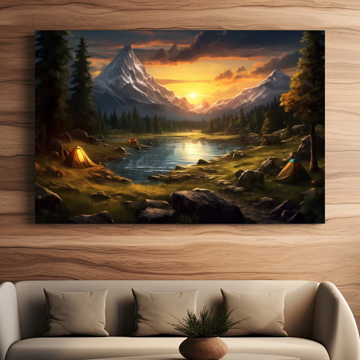 Painting of an alpine campsite by a lake at sunset, serene wall artwork