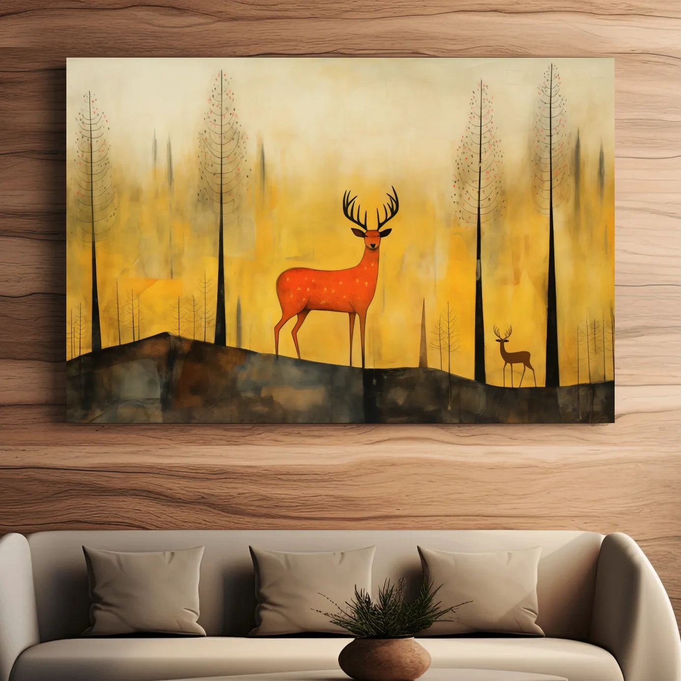 Quirky illustration art of a deer in the forest, whimsical animal artwork