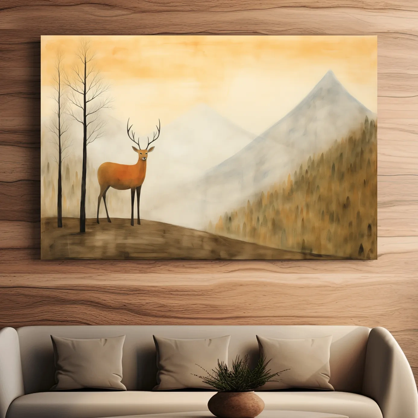 Deer Alpine Mountain Landscape Painting - Serene Foggy Forest Wall Art