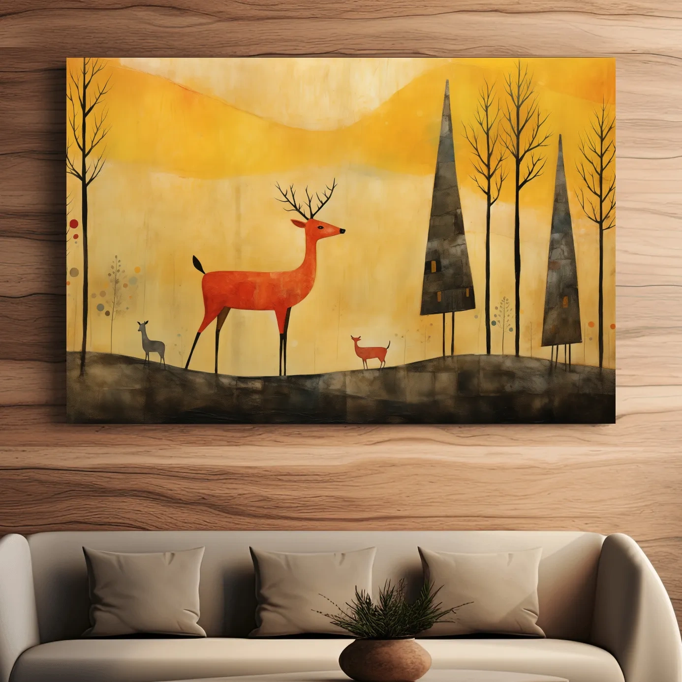 Red deer in an autumn forest landscape, quirky painting artwork