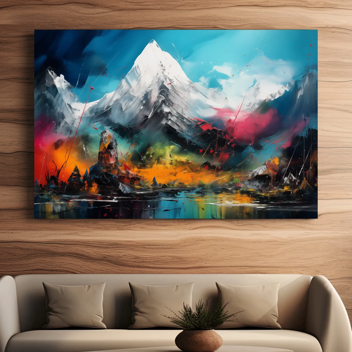 Abstract vibrant mountain wall art, impasto painting effect