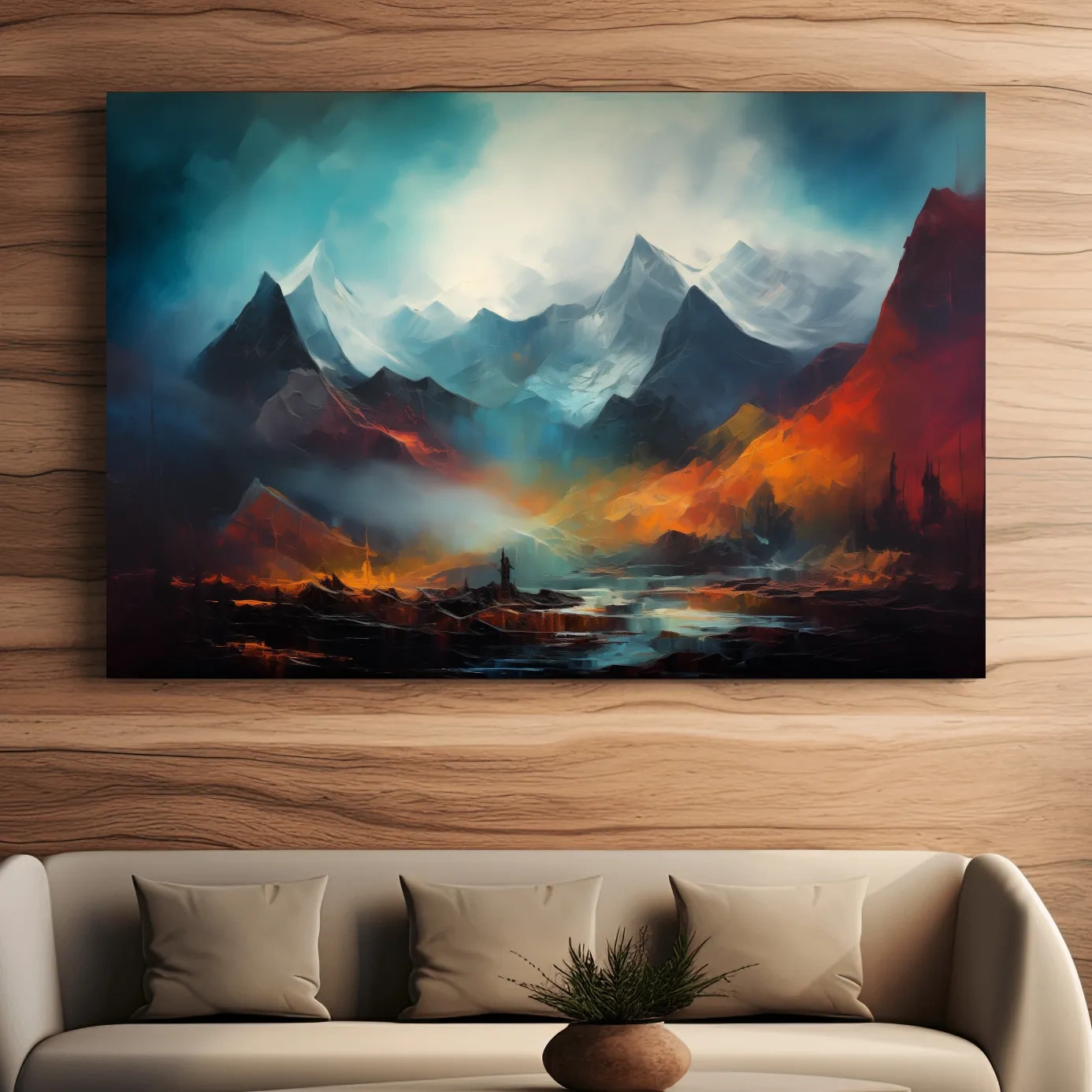 Colorful impressionist painting, abstract mountain landscape artwork