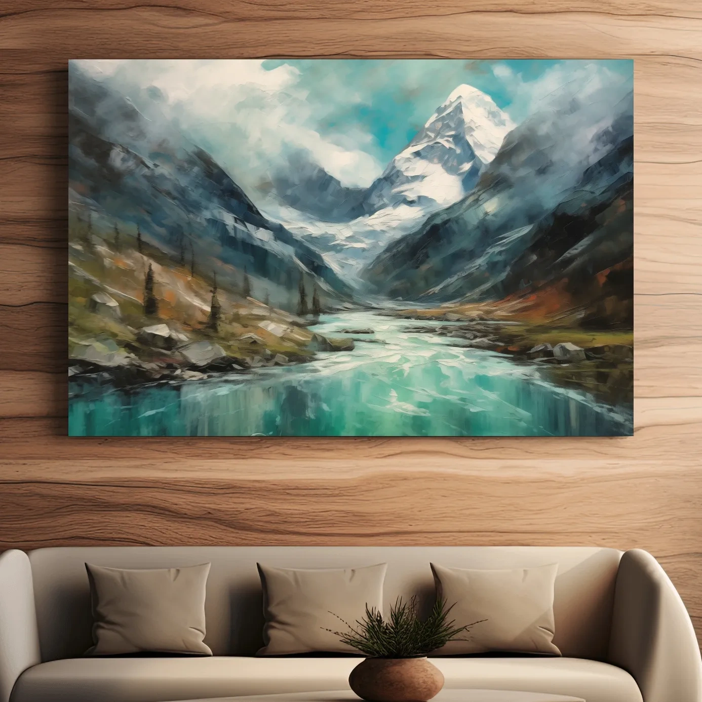 Impressionist style painting of alpine meadows, glacier and lake