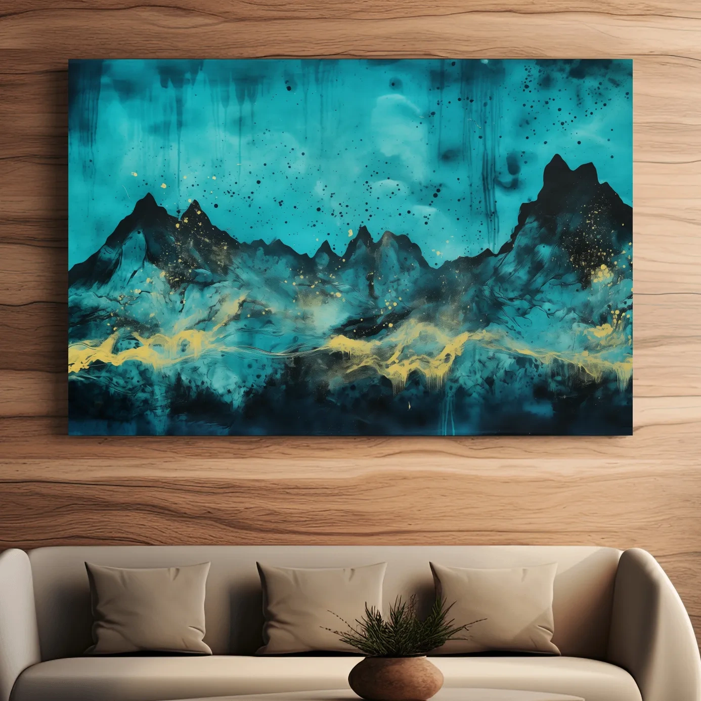 Mystical turquoise mountain wall art, abstract night sky with gold accents