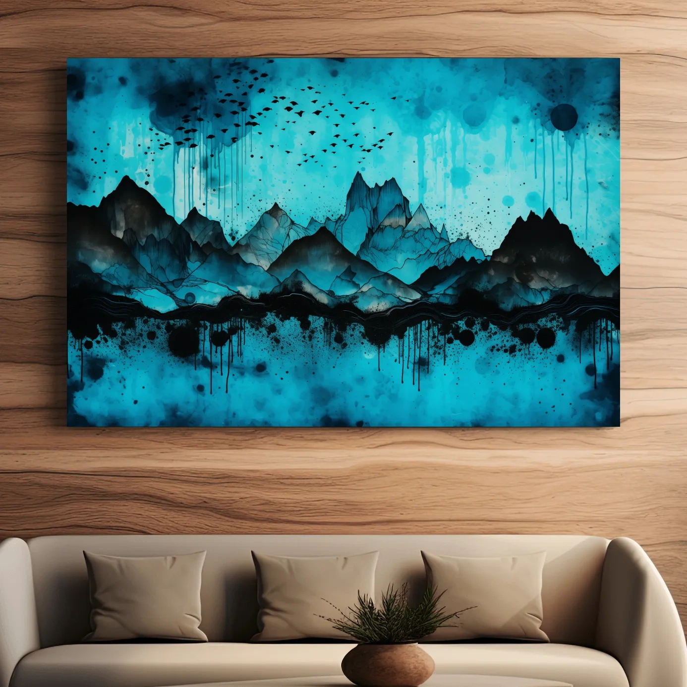 Abstract mountain landscape artwork, watercolor ink splatter design