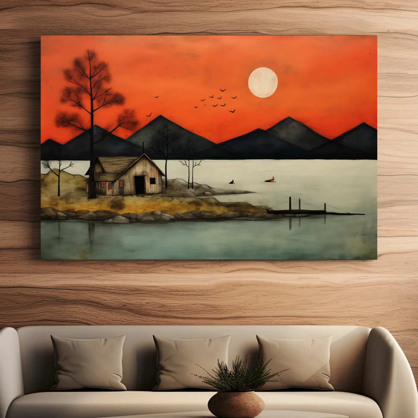 Rustic lakeside cabin art at sunset, textured effect wall art painting
