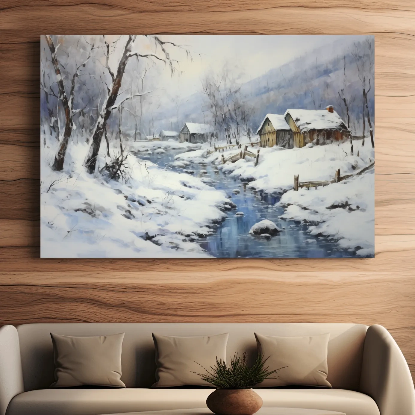 Snowy landscape artwork with rustic cabins beside a frozen stream, serene winter wall art