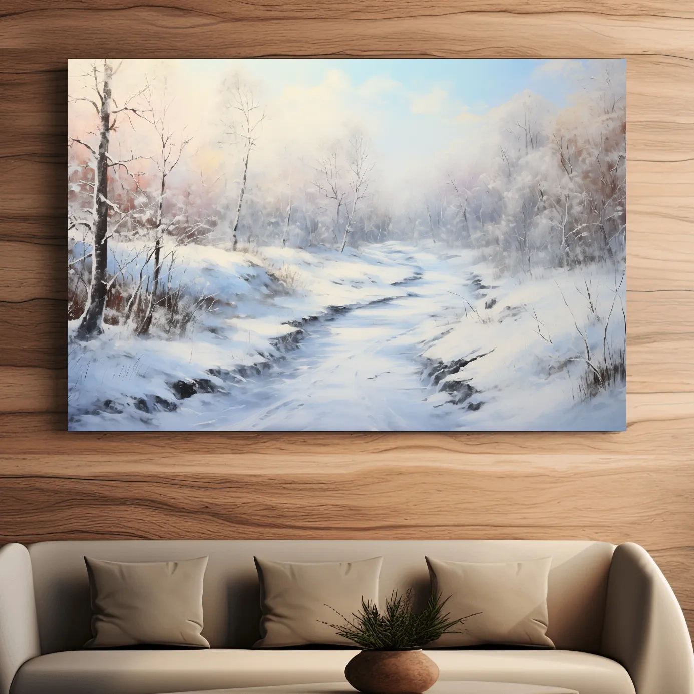 Winter landscape artwork, serene snowy forest path with soft pastel sky
