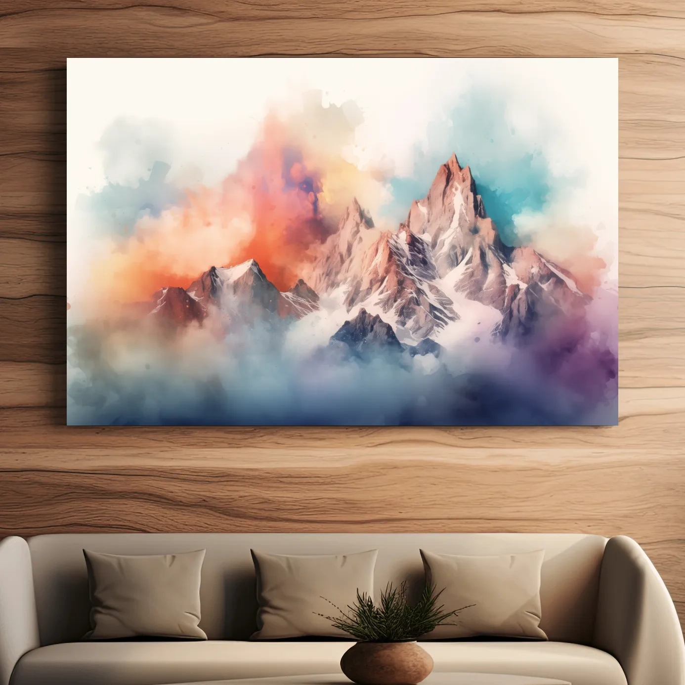 Vibrant Watercolor Alpine Mountain Peaks - Colorful Misty Artwork