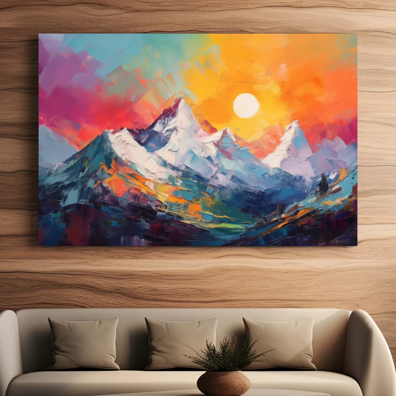 Colorful abstract mountain wall art, vibrant sunset oil painting print
