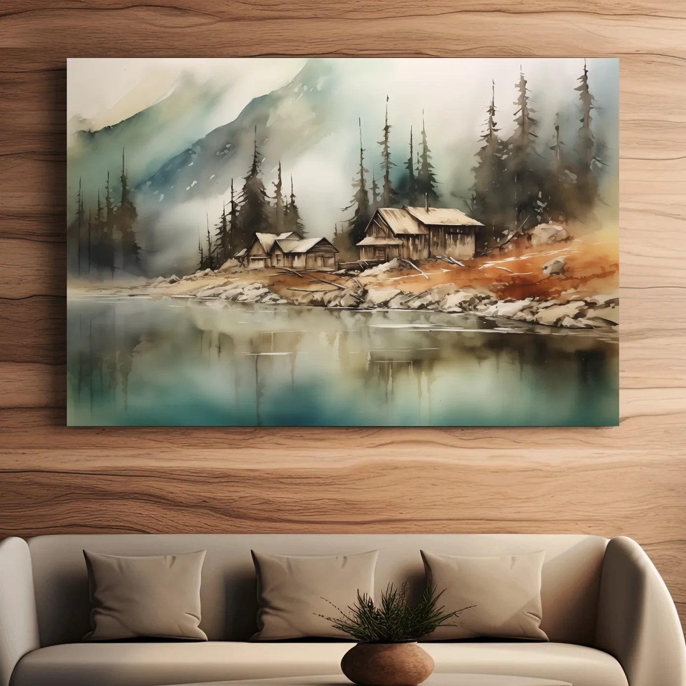 Rustic alpine mountain lake cabins, watercolor style landscape wall art