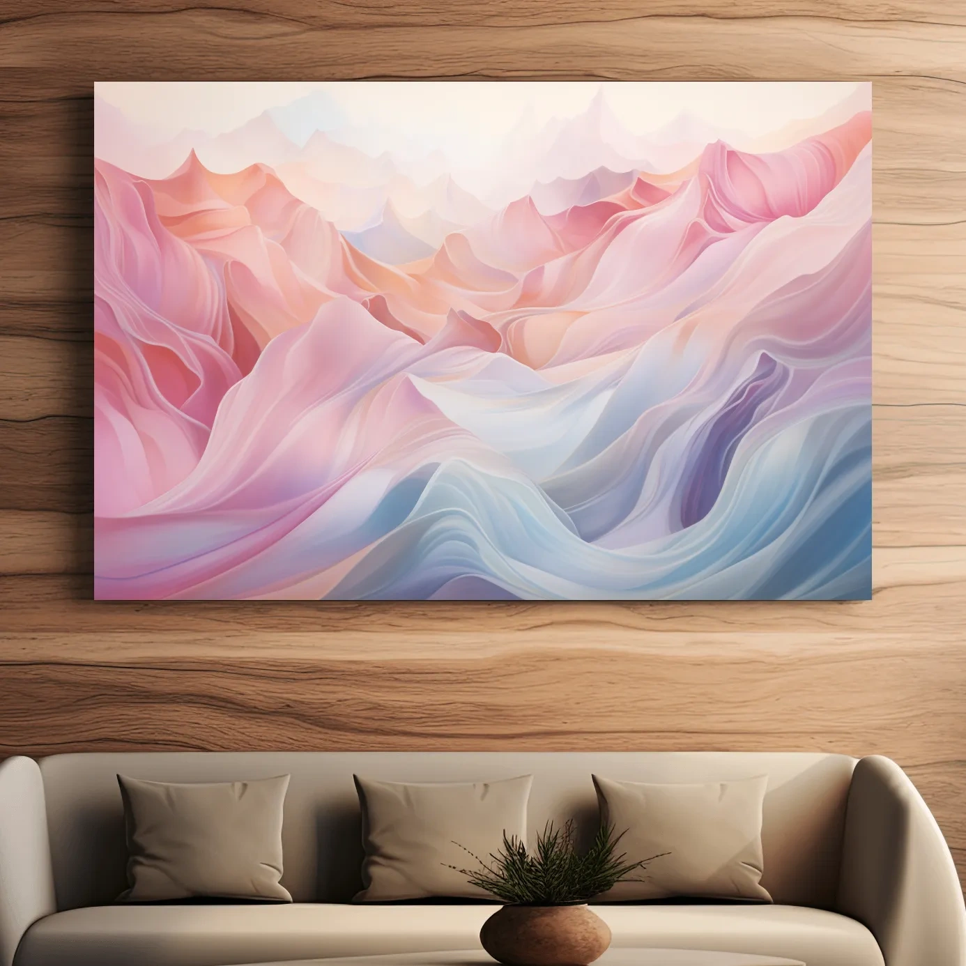 Soft pastel abstract mountain landscape artwork, flowing abstract waves in pink and blue tones