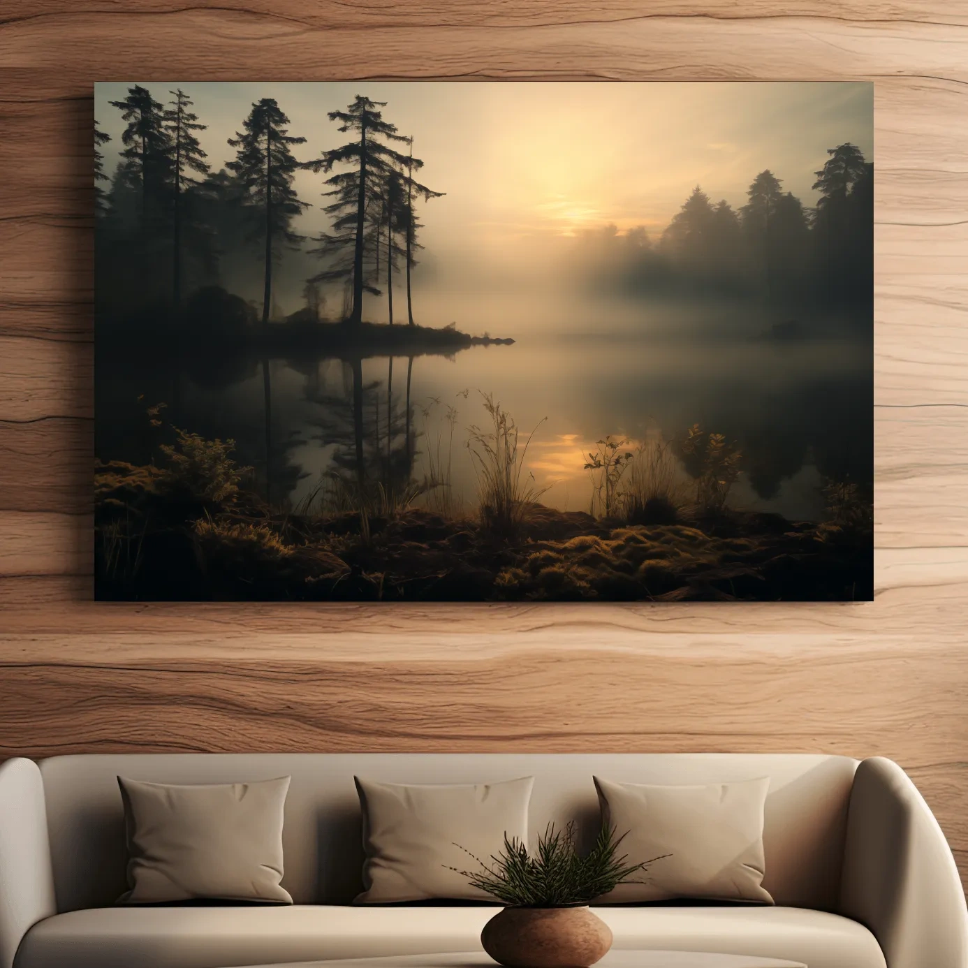 Photographic art of a misty lake at sunrise