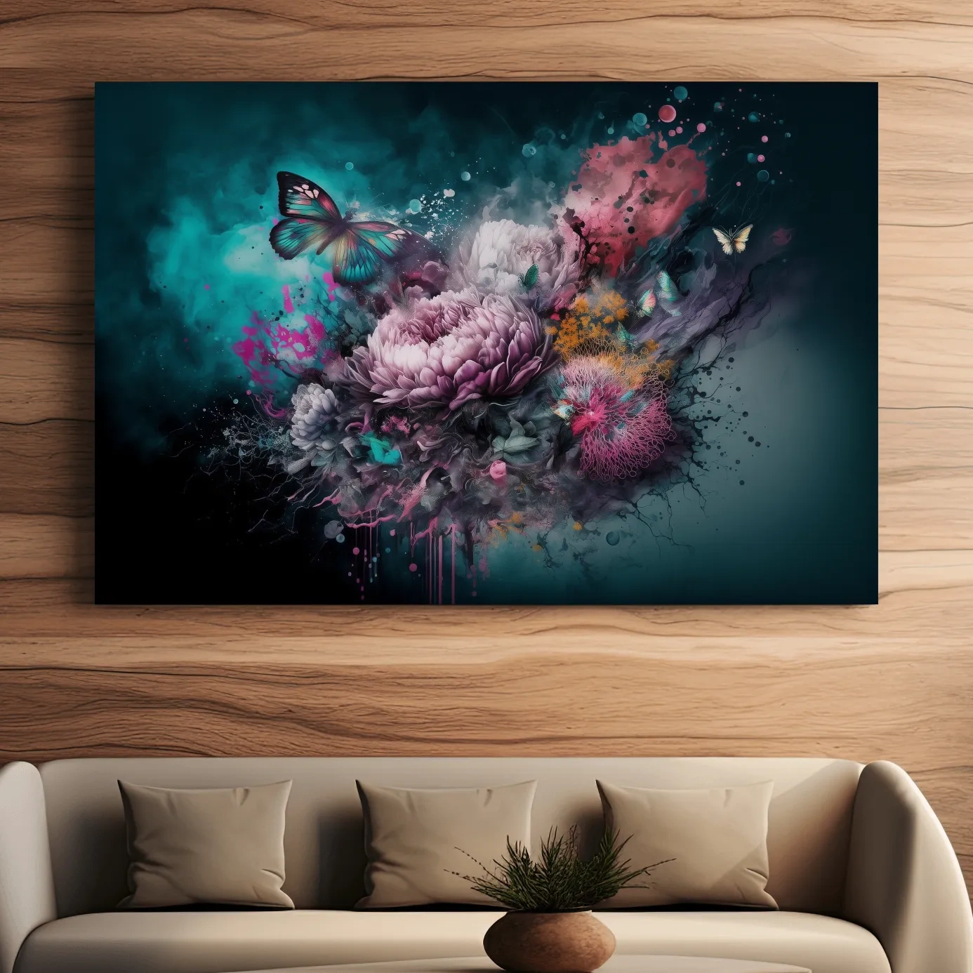 Fantasy floral explosion artwork with butterflies, vibrant abstract wall art