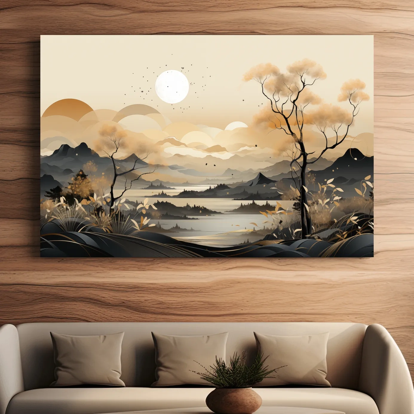 Golden surreal landscape at sunset