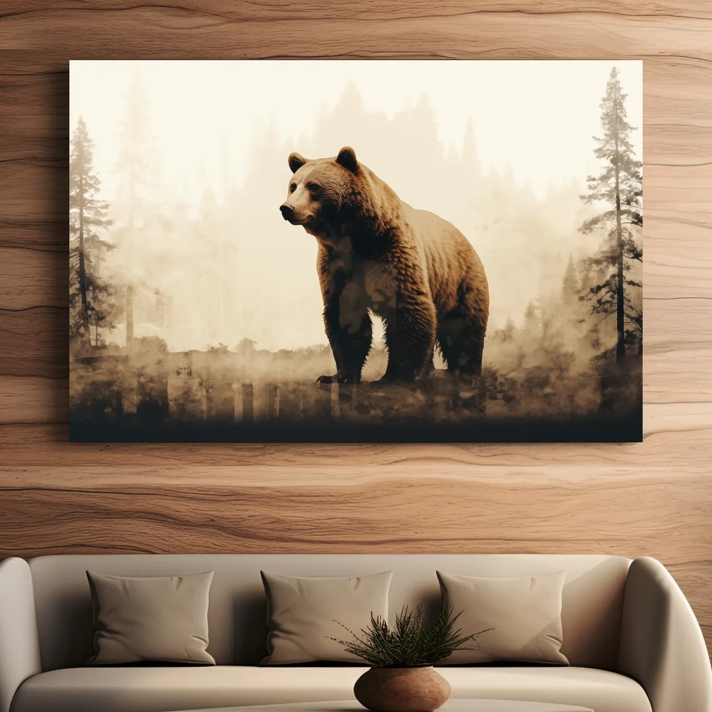 Grizzly bear in the forest, double exposure sepia photography artwork